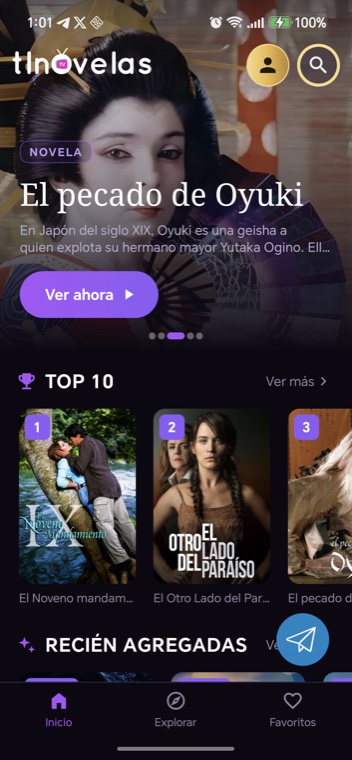 Pantalla de inicio de la aplicación TLNovelas